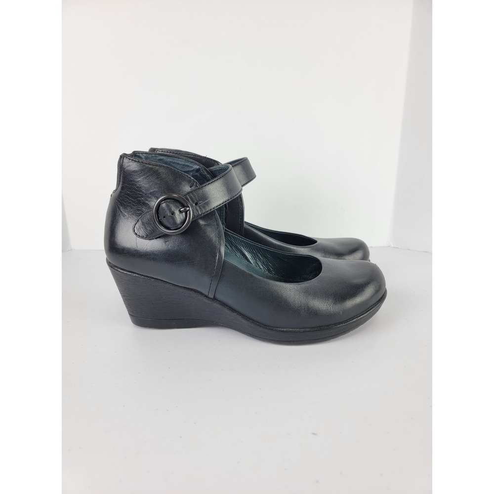 Dansko Wedge Mary Jane Pumps Goth Womens 40 9.5/10 Black Leather Ankle Strap